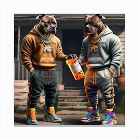 Two Dogs Holding A Bottle Canvas Print