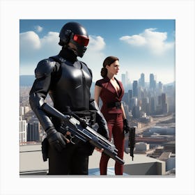 The Image Depicts A Woman In A Black Suit And Helmet Isstanding In Front Of A Large, Modern Cityscape 2 Canvas Print