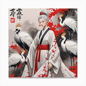 Asian Girl With Cranes Canvas Print