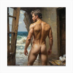 MuscularNude Man Standing By The Ocean Canvas Print
