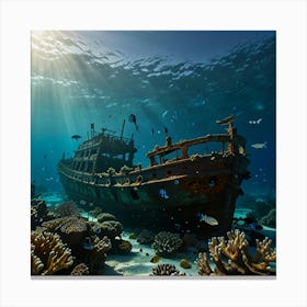 Default A Sunken Shipwreck On The Sandy Ocean Floor Surrounded 3 Canvas Print