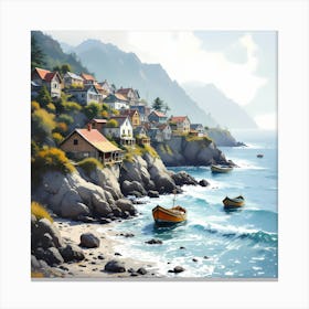 Traditional Fishing Village Along A Rocky Shoreline Canvas Print