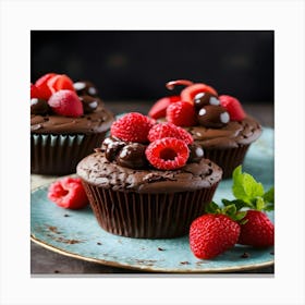 Chocolate Cupcakes With Raspberries Canvas Print