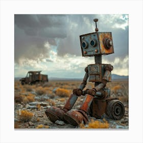 Toy Robot Weathered By Rust Settled Amidst A Desolate Wasteland Scattered With Remnants Of A Bygone Canvas Print