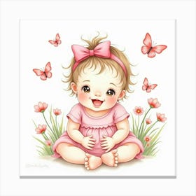 Watercolor Baby Girl With Pink Bows, Surrounded By Flowers And Butterflies Canvas Print