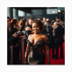 A Sexy Black Woman In A Black Latex Dress in Distance With Smiling to Crowd A On the Red Carpet- Created by Midjourney Canvas Print