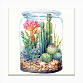 Watercolor Colorful Cactus in a Glass Jar 4 Canvas Print