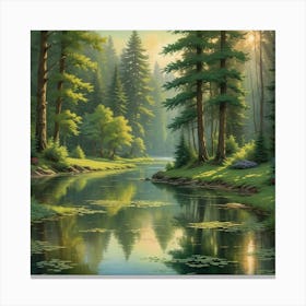 Lake With Green Field And Surrounded By Trees Canvas Print