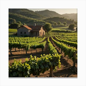 A Picturesque Vineyard With Rows Of Grapevines And A Rustic Winery In The Background Canvas Print