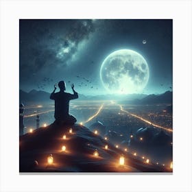 Muslim Man Praying At The Moon Canvas Print