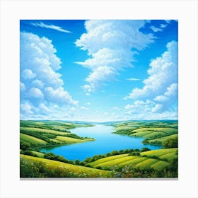 Cumulus Clouds Cotton Like In Texture Dominate The Expansive Azure Sky While A Serene Landscape Un (1) 2 Canvas Print