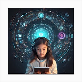 Girl With Headphones Using A Tablet Canvas Print