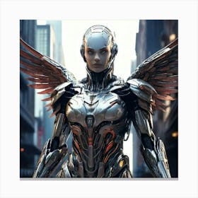 Firefly Robot, Futuristic, Superhero, Steel Wings, Damaged, Human Face, Realistic, City, Cybernetic, Canvas Print