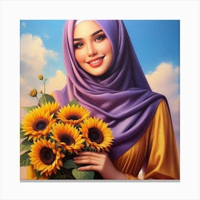 Vintage Vibes: A Warm and Bright Painting of a Woman in a Purple and Yellow Outfit Canvas Print