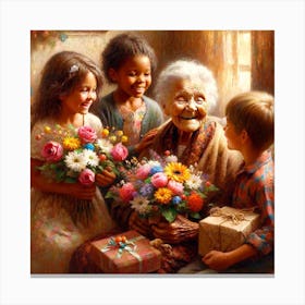Kids Offering Gifts To Sweet Old Lady Canvas Print