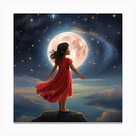 Little Girl Looking At The Moon Canvas Print