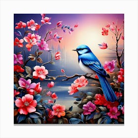 Bird In Bloom, A Bright-Toned Design With Flowers And Leaves Trees And Birds A Beautiful And Simple Picture Wall art Canvas Print