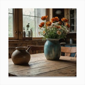 Rustic Kitchen Table With Flowers Canvas Print