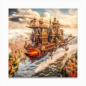 Steampunk airship cruising the river. Canvas Print