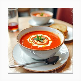 Watercolor Scene Of A Rich And Creamy Tomato Soup On A Chic Restaurant Table Canvas Print