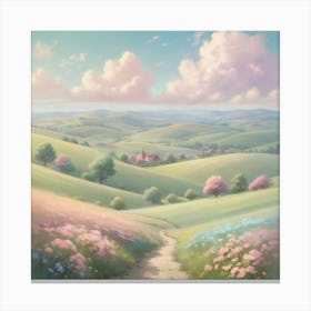 Soft and dreamy pastel-colored landscape with rolling hills, fluffy clouds, and blooming flowers. The scene should be whimsical and gentle, evoking a sense of peace and serenity. 1 Canvas Print