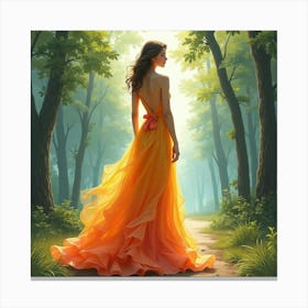 Stylish Woman In Watercolor Gown, Majestic Forest Backdrop 1 Canvas Print