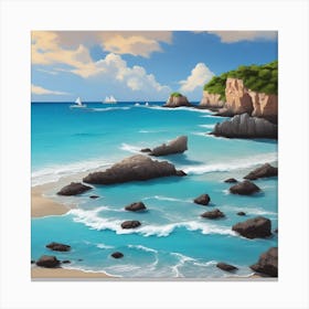 Rocky Beach With Sailboats Canvas Print