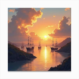 Watercolor Scene Of The Grey Havens At Sunset With Ships Ready To Depart Canvas Print