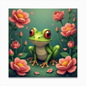 Frog In A Garden Of Roses 1 Canvas Print