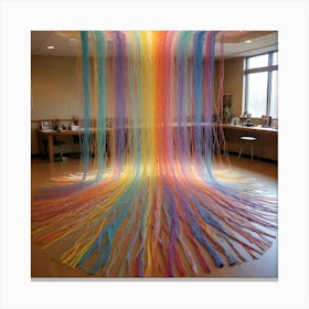 A Colorful Art Installation Of Numerous Yarn Strands Suspended From The Ceiling, Creating A Cascading Rainbow Effect In A Room With Large Windows Canvas Print