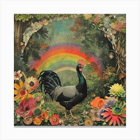 Retro Floral Rooster In The Woods Collage Canvas Print