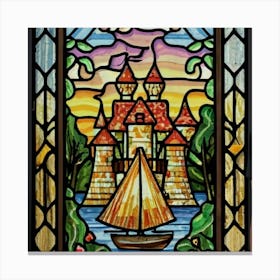Image of medieval stained glass windows of a sunset at sea 6 Canvas Print