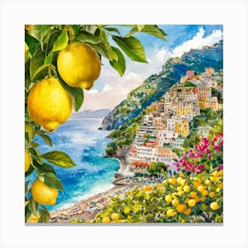 Amalfi View With Lemons Travel Painting Italy 2 Canvas Print