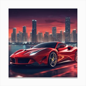 Ferrari Car Overlooking The Miami Skyline At Night 1 Canvas Print