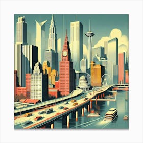 Vintage Travel Poster Depicting A Mid Century City Skyline With Iconic Landmarks, Style Retro Travel Poster 3 Canvas Print