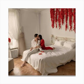 Couple Sitting On Bed Canvas Print