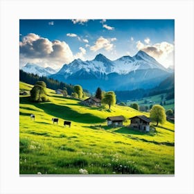 Alpine Pastoral Landscape Cows Grazing On Lush Green Slopes Snow Capped Mountains In The Distance (1) Canvas Print