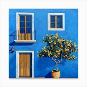 Orange Tree On Blue House Canvas Print