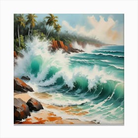 Waves Crashing Into Rocks On Tropical Beach Lots Of White Water Spray In The Air Canvas Print