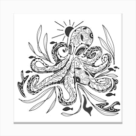 Octopus Folk Square Canvas Line Art Print