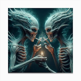 Two Skeletons Holding A Candle Canvas Print