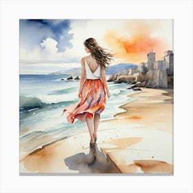 Watercolor Of A Girl Walking On The Beach Canvas Print