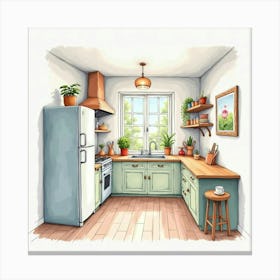 Charming Kitchen With Watercolor Painting, Soft Pastels 1 Canvas Print