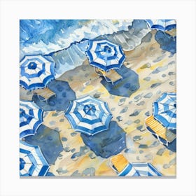 Blue Umbrellas On The Beach 1 Canvas Print