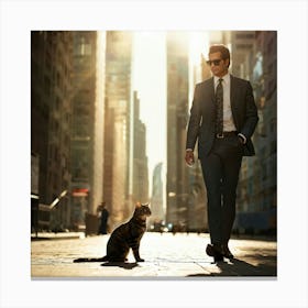 Businessman Wearing Sunglasses Accompanied By A Cat Playing At His Feet Downtown Skyscrapers Loomin (4) Canvas Print