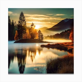 The Sun Setting Over Misty Lake With Gold Grass And Trees In Autumn Canvas Print