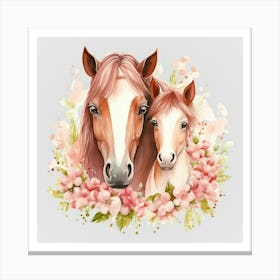 Watercolor Spring Mama And Baby Horses Canvas Print