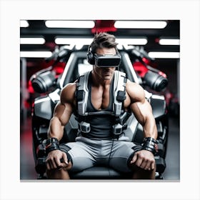 Alpha Male Model Working Out With Heavy Weight Machine, Wearing Futuristic Sonic Armor Exoskeletons And Vr Headset With Headphones Award Winning Photography With Sports Car, Designed By Apple Studio (1) Canvas Print