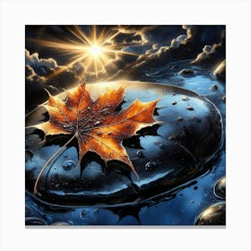 A large dry maple leaf on a huge shiny black stone, both the leaf and the stone are filled with small raindrops. Canvas Print