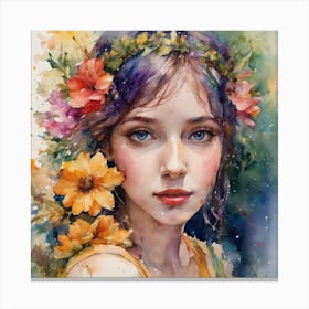 Watercolor Of A Girl With Flowers Canvas Print